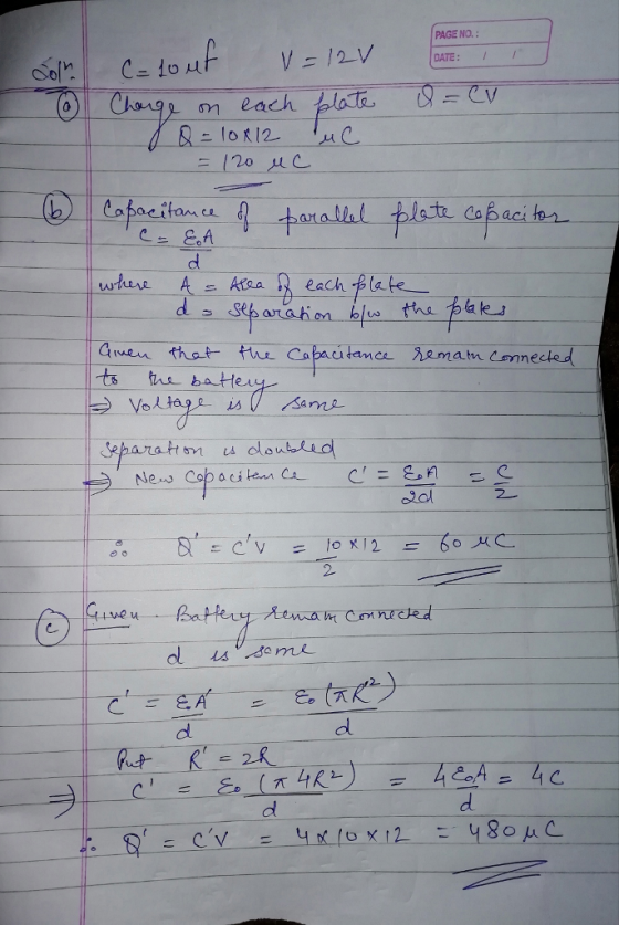 PAGE NO.: DATE: I 0 -Znven that- tir-Capacu tance ts the batHe λ em am connected cial 2 dl C.