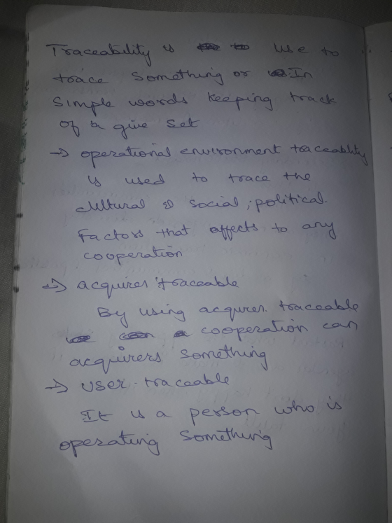 Traceability to the to use to trace something or . In Simple words keeping track of a give set and operational environment tr