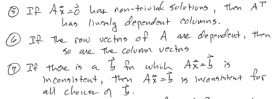 ☺ If Až=ŏ has non-trivial solutions, then AT - has linemly dependent columns, © If The row vectors of A are dependent, then 1