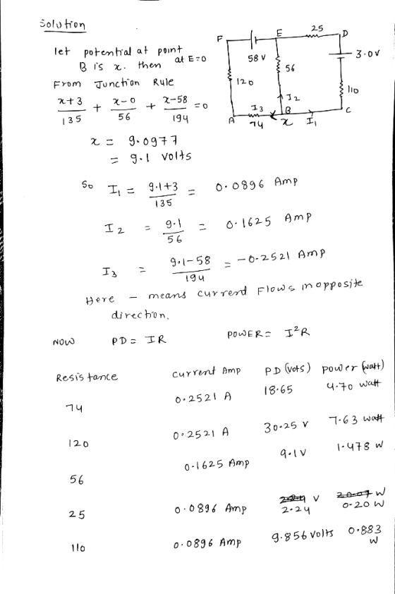 Solution 25 D F 3.0 V 58 V 56 let potential at point at Ero Bis x then From Junction Rule x+ 3 2-0 2-58 + SO 135 56 194 120 l