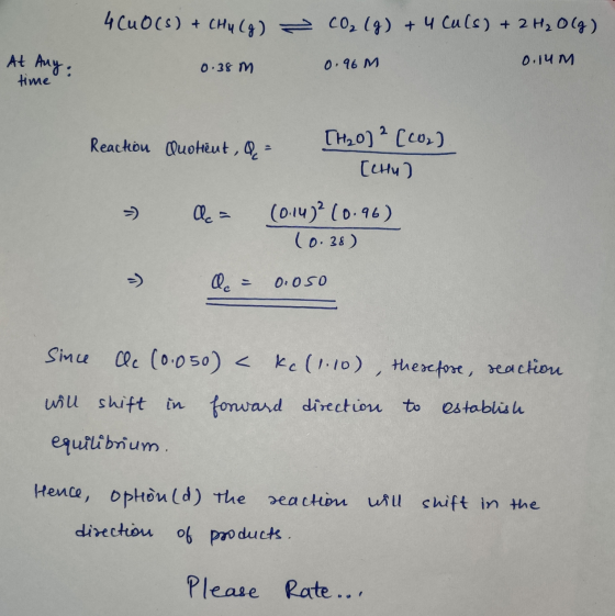 4 Cuo(s) + CHų (g) = (0,1%) + 4 Cu(s) + 2 H2069) At Any: 0.38 0.14M 0.96M M time Reaction Quoteut, 0, - TH20) ? (202) [Chu) 3