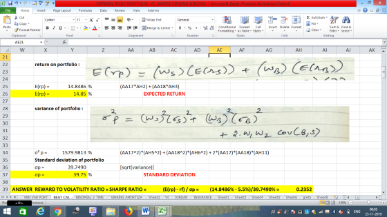 OPTIMAL RISKY PORTFOLIO VC AMORT SINKING JORDAN - Microsoft Excel (Product Activation Failed) Data Review View Add-Ins File H