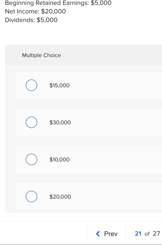 Beginning Retained Earnings: $5,000 Net Income: $20,000 Dividends: $5,000 Multiple Choice $15,000 $30,000 $10,000 $20,000 < P