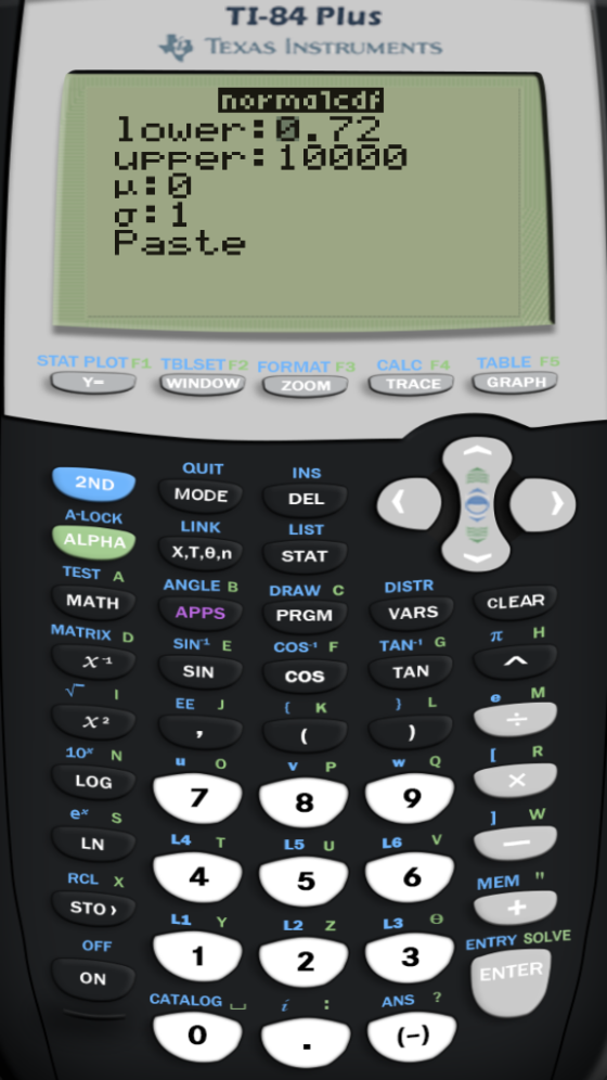 TI-84 Plus TEXAS INSTRUMENTS normalcdi lover:0.72 Upper: 10000 : q:1 Paste STAT PLOTF1. TBLSETF2 FORMAT ES CALCF4 LY WINDOW (