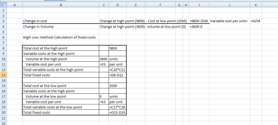 A B с D E F G H I K 1 2 3 Change in cost Change in Volume Change at high point (9850) - Cost at low point (2550) =9850-2550 V