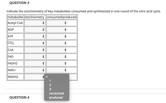 QUESTION 3 Indicate the stoichiometry of key metabolites consumed and synthesized in one round of the citric acid cycle. meta