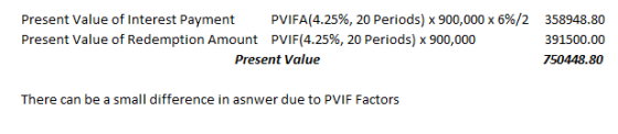 Present Value of Interest Payment Present Value of Redemption Amount PVIFA(4.25%, 20 Periods) x 900,000 x 6%/2 PVIF(4.25%, 20