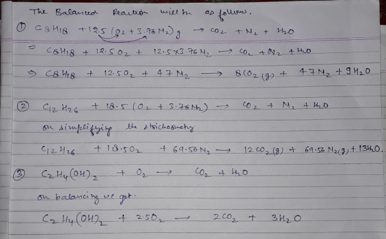 The Balanced Reaction will he ар {sus . Фcs His + 12.s (o2 +3 1ъ м.) 3 9 со 2 + N₂ + СѕИ.8 + 12. So, + 12. 13. N, — Co, Na +