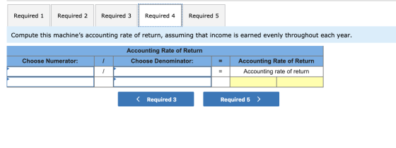 Required 1 Required 2 Required 3 Required 4 Required 5 Compute this machines accounting rate of return, assuming that income