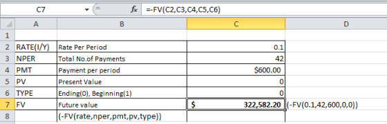 C7 for --FV(C2,C3,C4,C5,C6) $600.00 2 RATE(1/Y) Rate Per Period 3 NPER Total No.of Payments 4. PMT Payment per period Present