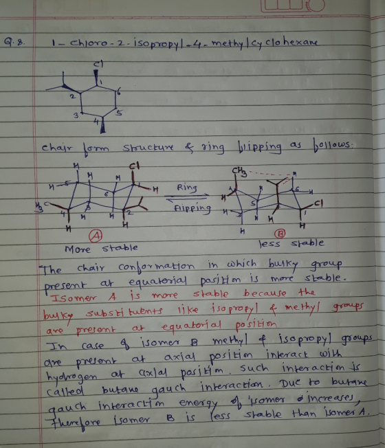Q.8. - chloro. 2- isopropyl-4-methylcyclohexane chair form structure of ring bripping as follows: 2- 4 cl net Ring Fipping Mo