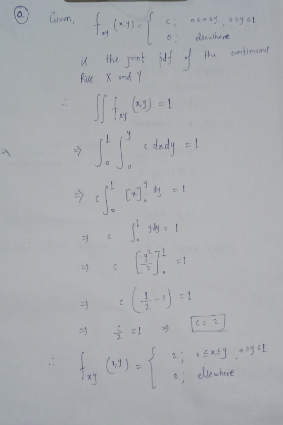 Comom, fun (assol osney ocy SL 0 elsewhere the continuous is Rive X and Y the joint pdf of SS to (my) = 1 SL dedy O ។ ydy = 1