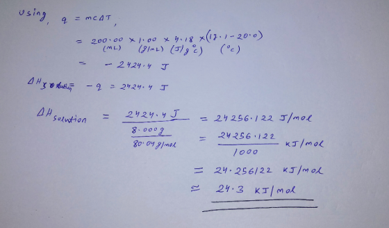 using a = MCAT, - 20000 x 100 x 4,18 x (c) (ML) (91mL) (Jg 2) - - 2424.4 I - q = 2424. 4 I 4 Hyo Kution A solution = 24 256.1