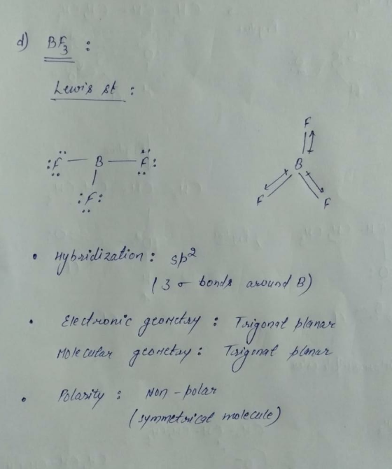 d) BE : Lewis st : F - Ja wybridization : sba (30 bonds around B) : Electronic geometry Mole cetar geomety. Taganat Almer Iri