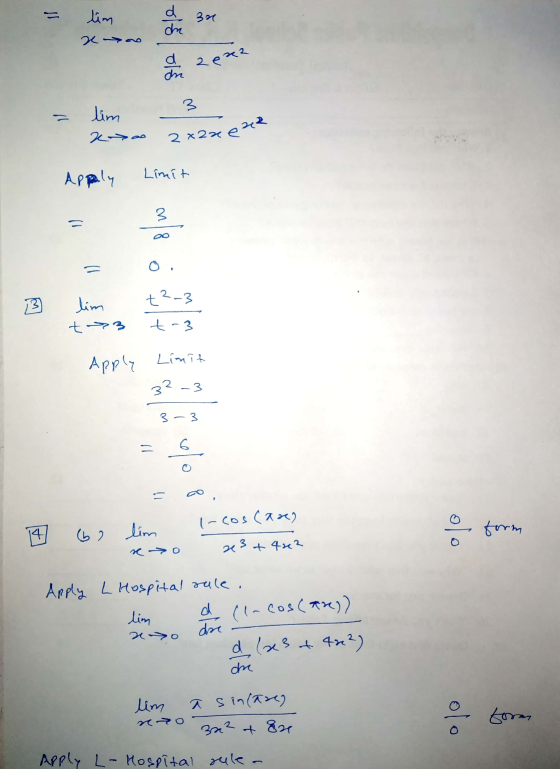 - tim a 700 a 30 oli a zena - lim as 2x2ae Appoly Limit lim t>3 t2-3 t-3 Lim Apply = co, o form o be lim 1-cos(as) s >o x3+42