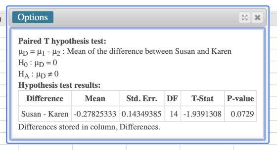 Options Paired T hypothesis test: Up = uj - U2 : Mean of the difference between Susan and Karen Ho : UD = 0 HA: UD = 0 Hypoth