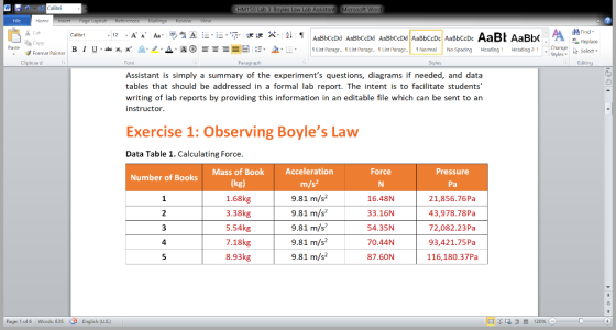 w Calibri CHM150 Lab 3 Boyles Law Lab Assistant Microsoft Word Home Insert Page Layout References Rricur Fi Mailings View rin