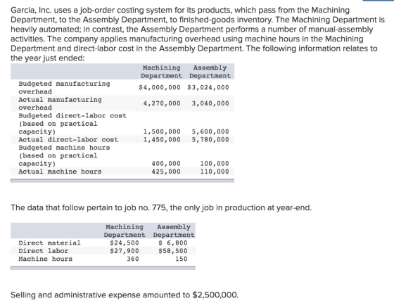 Garcia, Inc. uses a job-order costing system for its products, which pass from the Machining Department, to the Assembly Depa