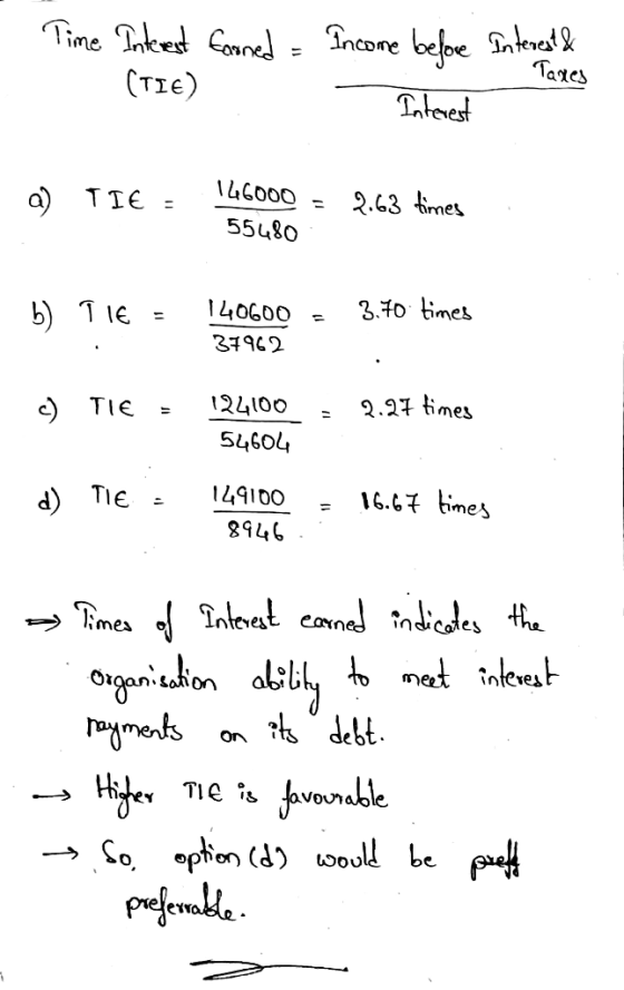 Time Interest Earned (TIC) Income before Interest & Taxes Interest a) TIE = 146000 = 2.63 times 55480 b) TIE = 140600 = 37962