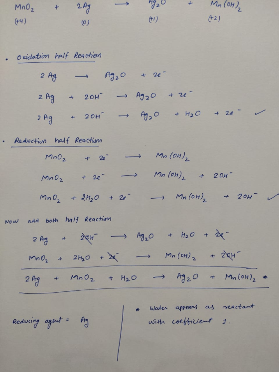 2MM Mn02 C2) I) (+4) (0) Oxidation half Reachen 2 Ag 2e + AJ20 +2e 2 Ad 20H + H2O 2e 2 0H 2 Ag + Reductiun half Reactiom Mn (
