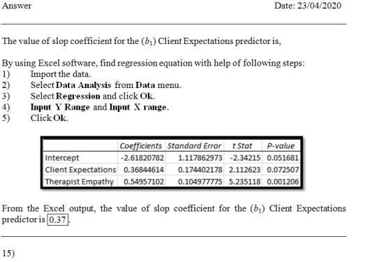 Answer Date: 23/04/2020 The value of slop coefficient for the (61) Client Expectations predictoris, By using Excel software,
