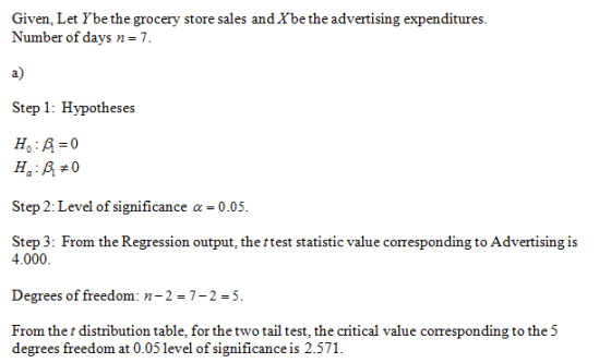 Given, Let Ybe the grocery store sales and Xbe the advertising expenditures. Number of days n7 a) Step 2: Level of significan
