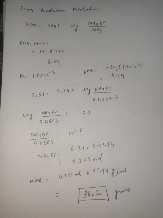 from hendersson herselboleh por = plat NH y Br NH3 poul=14-bH - 14-8-Ybo 5.54 Ko=1.8x10-5 pkob = -log(1.8x10s) 4-74 5,54= 4.7