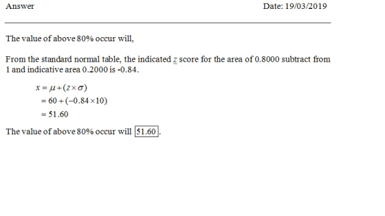 Answer Date: 19/03/2019 The value of above 80% occur will. From the standard normal table, the indicated z score for the area