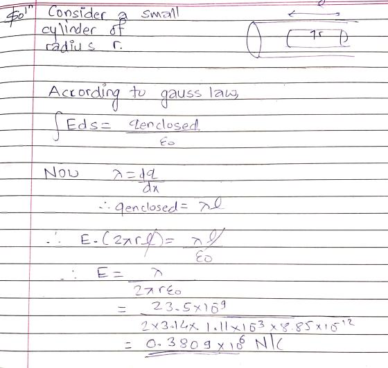 50 Consider a small cylinder of o cu radius r Accord to ording Edsa len closed gauss law, Eo Now a=da da genclosed to E. (2xr
