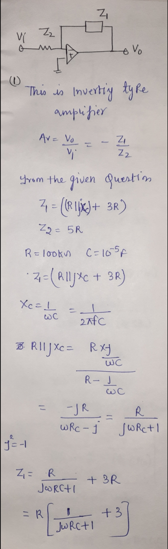 ZI Zz VI evo This is Av= Vo ZI Zz Inverting tyre amplifier - Z V from the given question 3 - (116)+ 3R) Zq=5R R=looks c=155f