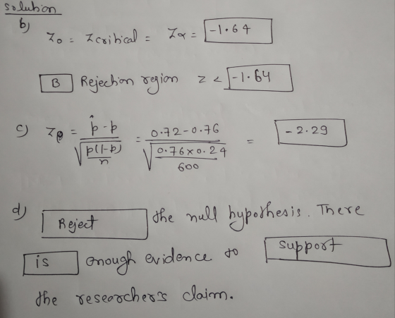 solution b) Yo = Zertical = Za=|-1064 B Rejection region z</-1.64 9) 70 p - b 0.72-0.76 -2.29 13 pll-b) 9.76x0.24 6oo d) Reje