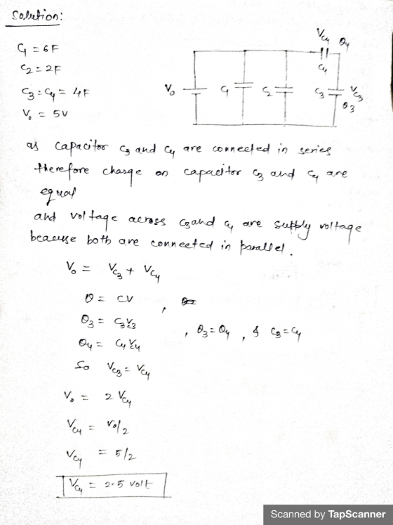 Solution: Vou G=6F Oy 2 = 2F V C3 C4 = 4F V 5V Jem as capacitor cg and ca are connected in series therefore charge capacitor