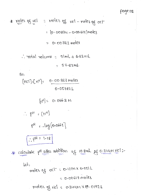 poge 02 E Moles of Het - Holes Holes oc .00334 co61)moles o.co383 moles .. Toial volume Slml 6.82m S.82m2 So, Hcl-CHt o o0 88