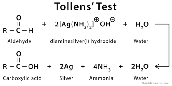 Tollens Test + 2[Ag(NH,)ⓇoH® + 4,0 R-C-H Aldehyde diaminesilver(1) hydroxide Water o R-C-OH + 2Ag + 4NH, + 2H,0 s Carboxylic
