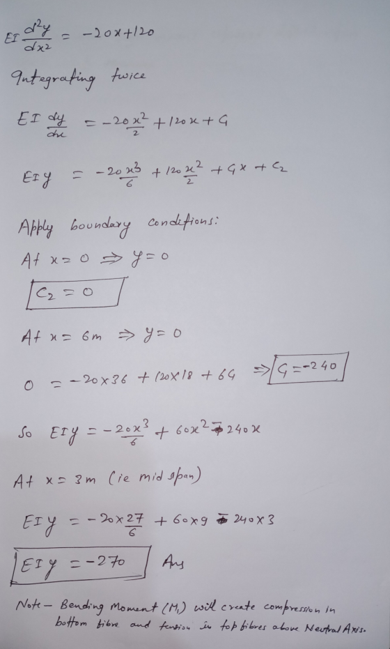 EI -200+120 dx2 Integrating twice EI dy = -20 x² +120x+a -2003 + 120212 + axta EIY 6 2 Apply boundary conditions: Atuzo y=0 C