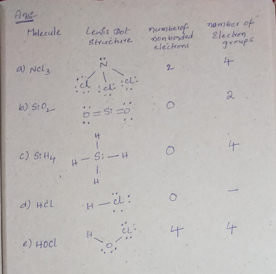 Molecule Lewis Dot structure numberof non bonded elections namber of Election groups 4 a) Nolz :Z-Ji Ö b) Si, 11 D - F c) Sit