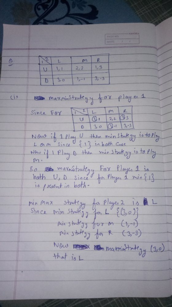 12 I MIR Lu 2,2 11,3 Clo e maxmin Strategy for player 1 Since For NZL R o 13,0 - 13,-3 | Now if I play U then min Strategy is
