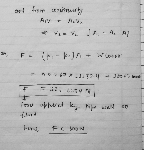 and from continuity AVI A2 Vz - V₂ = V₂ LAI - Az = A3 Do, F = (bi- p2) A + W looto 0.017 67 X 13183.4 + 260-03 60060 F = 327.