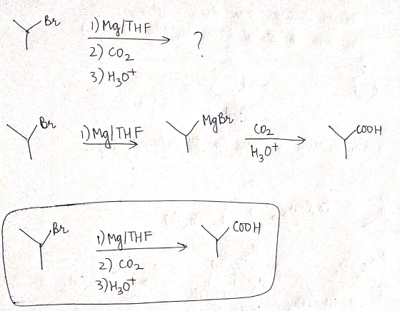 Br Y 2 1) Mg/THE 2) CO2 3) H₂ot Br 1) Mg|THE MgBr! CO2 COOH YOOH H₂ot Br CODH 1) MgITHF 2) CO2 3) H₂ot