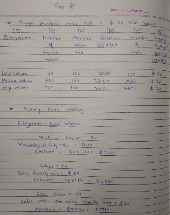 Page ① Date: _ _Page No.: * Single machine hour rate = $100 per hour. Refrigerator Number Machine hour rate Overheed (B) x (c