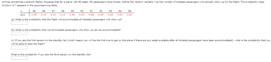 Airlines sometimes overbook flights. Suppose that for a plane with 50 seats, 55 passengers have tic kets. Define the random v