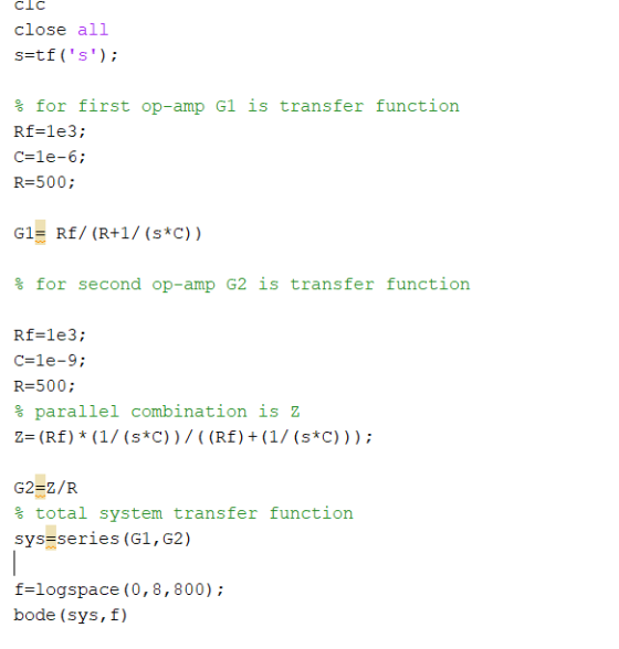 close all s-tfs) % for first op-amp GI is transfer function Rf-1e3: C-1e-6; R-500 G1 Rf/ (R+1/ (s*C)) % for second op-amp G2