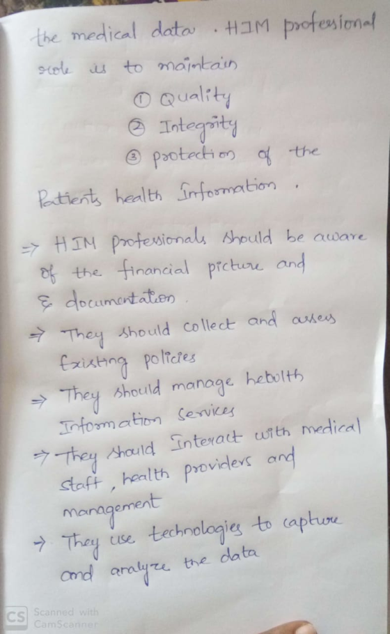 the medical data HIM profesional stole is to maintain Quality 6 Integrity ③ protection of the Patients health Information > H