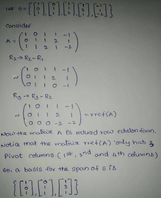 2. 2. Considef 1 R3 → R3-R2 O12YrefCA) Pivot columns.is, nd and 4th columns) 601 a basis for the span of s 2