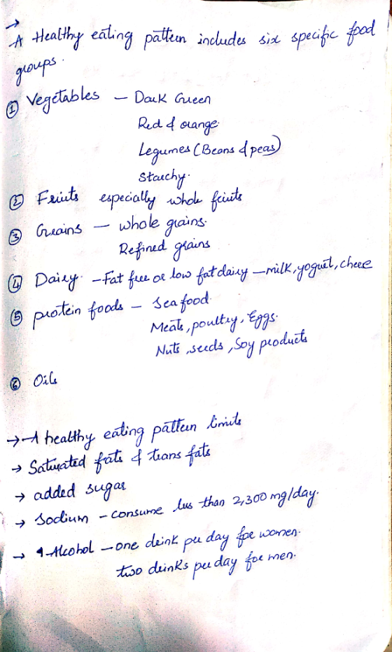 A Healthy eating pattern includes six specific food groups o Vegetables - Dark Green Red & orange Legumes (Beons d peas Stach