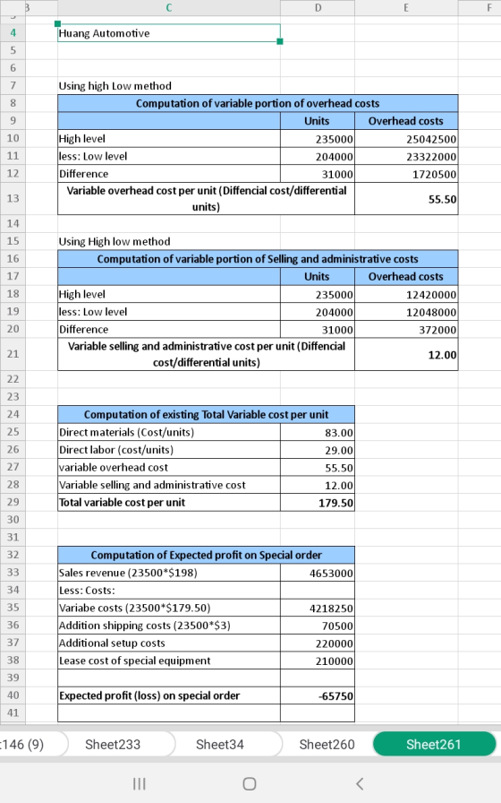 Huang Automotive Using high Low method Computation of variable portion of overhead costs Units Overhead costs High level 2350