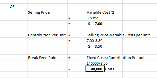 Selling Price Variable Cost*2 3.50*2 $ 7.00 Contribution Per Unit = Selling Price-Variable Costs per unit 7.00-3.50 $ 3.50 Br