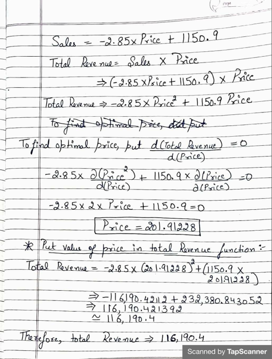 1970 Sales -2.85x Price t 1150.9 Total Revenue Sales X Price (-2.85 xPrice + 1150.9 x Price Total Revenue - 2.85 x Pric + 115
