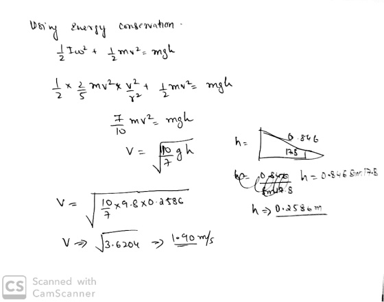 using energy conservation Iw² + 1 moh. mgh ** mox yttet muz mga 82 1725 1 I am v? rugh u= logh - va 140x9 € 40 a sec Von horo