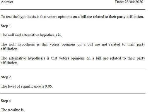Answer Date: 23/04/2020 To test the hypothesis is that voters opinions on a bill are related to their party affiliation. Step